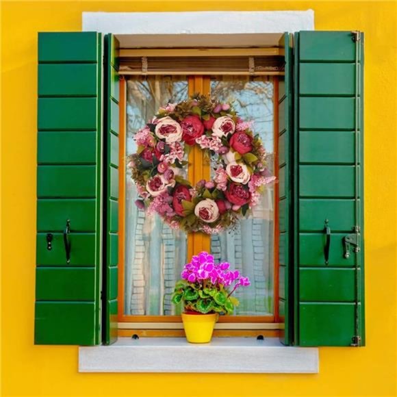 Artificial Peony Flower Wreath 19Inch Vintage Blooming SilkPeonies Spring Summer - Picture 5 of 8